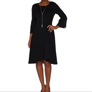 H by Halston Ponte Pleated Sleeve V Neck Black Dress NWT, Large